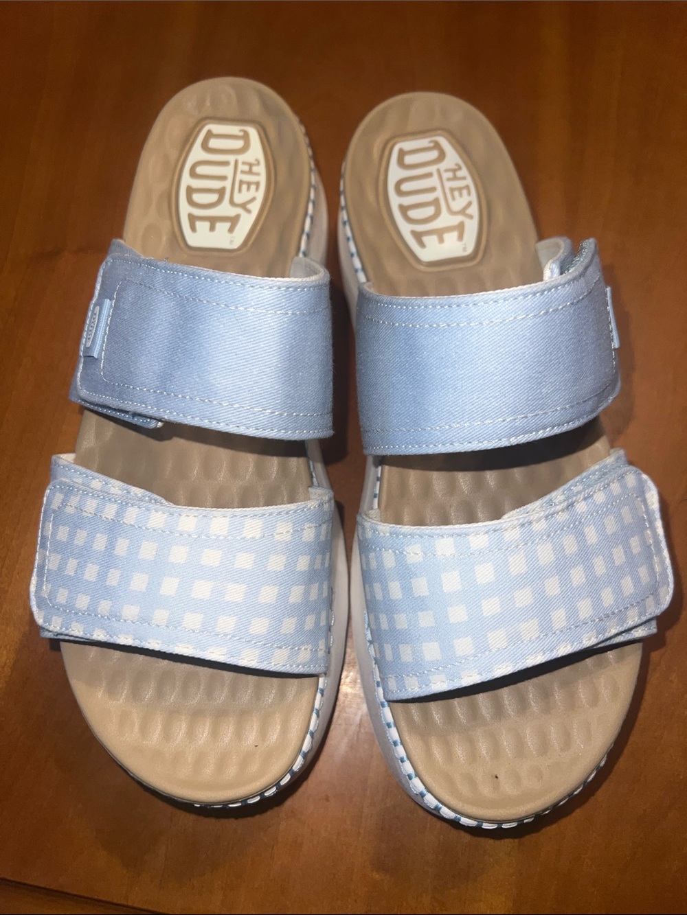 Women size 9, hey dude Delray light blue gingham platform sandals NWOT